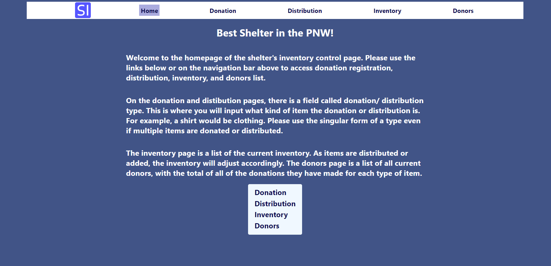 Shelter Inventory Homepage